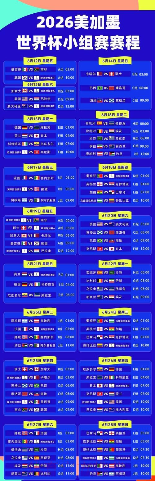 2026美加墨世界杯小组赛赛程 2026美加墨世界杯小组赛赛程